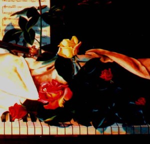 A detail of painting "Colour My World: features roses on a piano with music and a violin.  