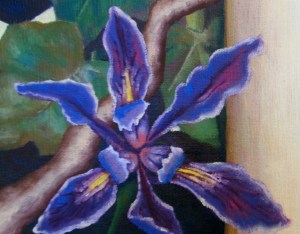 This is a detail of an iris in a larger painting.  When the temple in Israel was constructed, one of the visual decorations included "open flowers."  I Kings 6:29-30 (NLT)