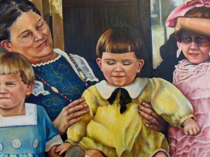 A detail of a painting set in the early 1900's.  Notice the many colors on the sole of the baby shoes. This detail of a larger painting is of a baby (an uncle of mine) named William whom I renamed "Charlie" when I was a little girl. Uncle Charlie fit his comical personality better.  Sure do miss him.