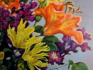 A detail from Mixed Flowers on Blue by Penny Fregeau